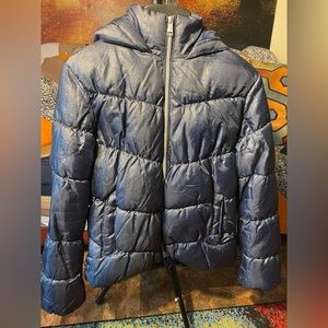 Sparkling blue puffer jacket waist length